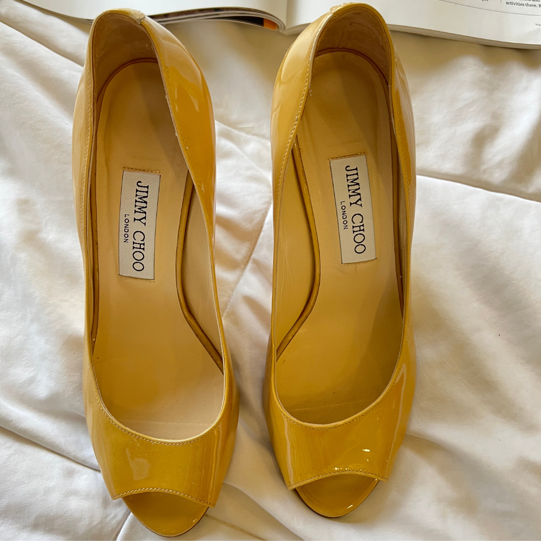 Jimmy Choo Citrine Patent Leather Bello Peep Toe Wedges