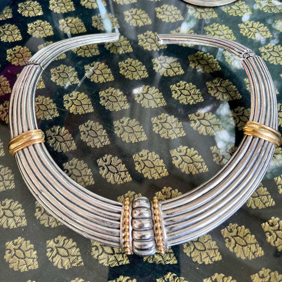 John Medeiros JM USA Hinged Collar Necklace Gold & Rhodium Plated VTG Choker