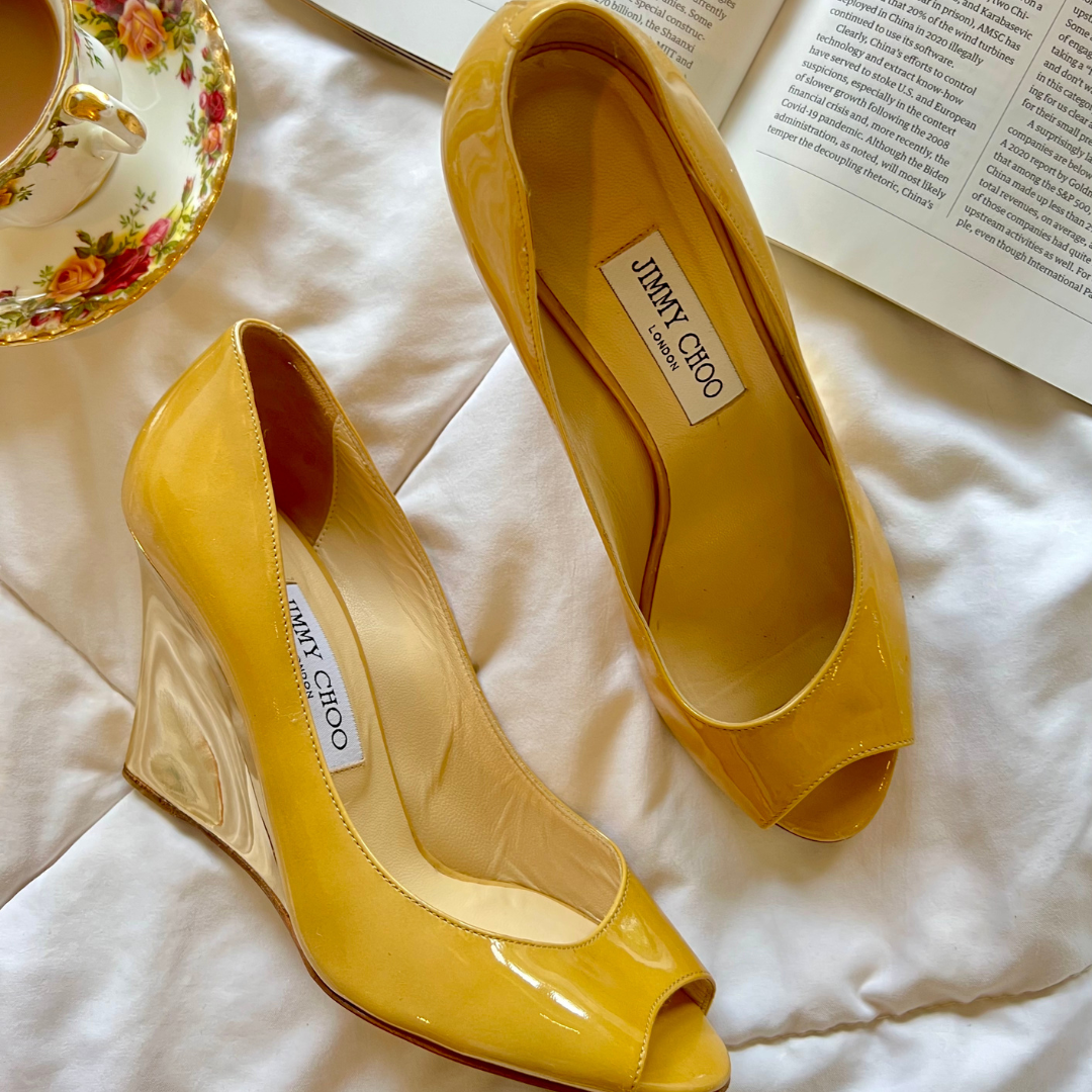 Jimmy Choo Citrine Patent Leather Bello Peep Toe Wedges