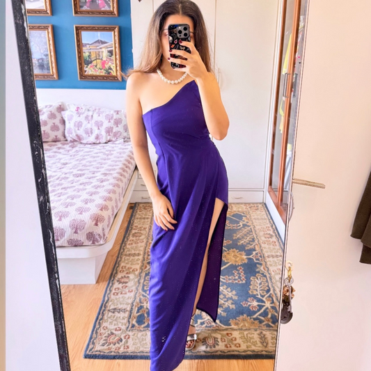 Purple One-Shoulder Thigh-High Slit Evening Gown